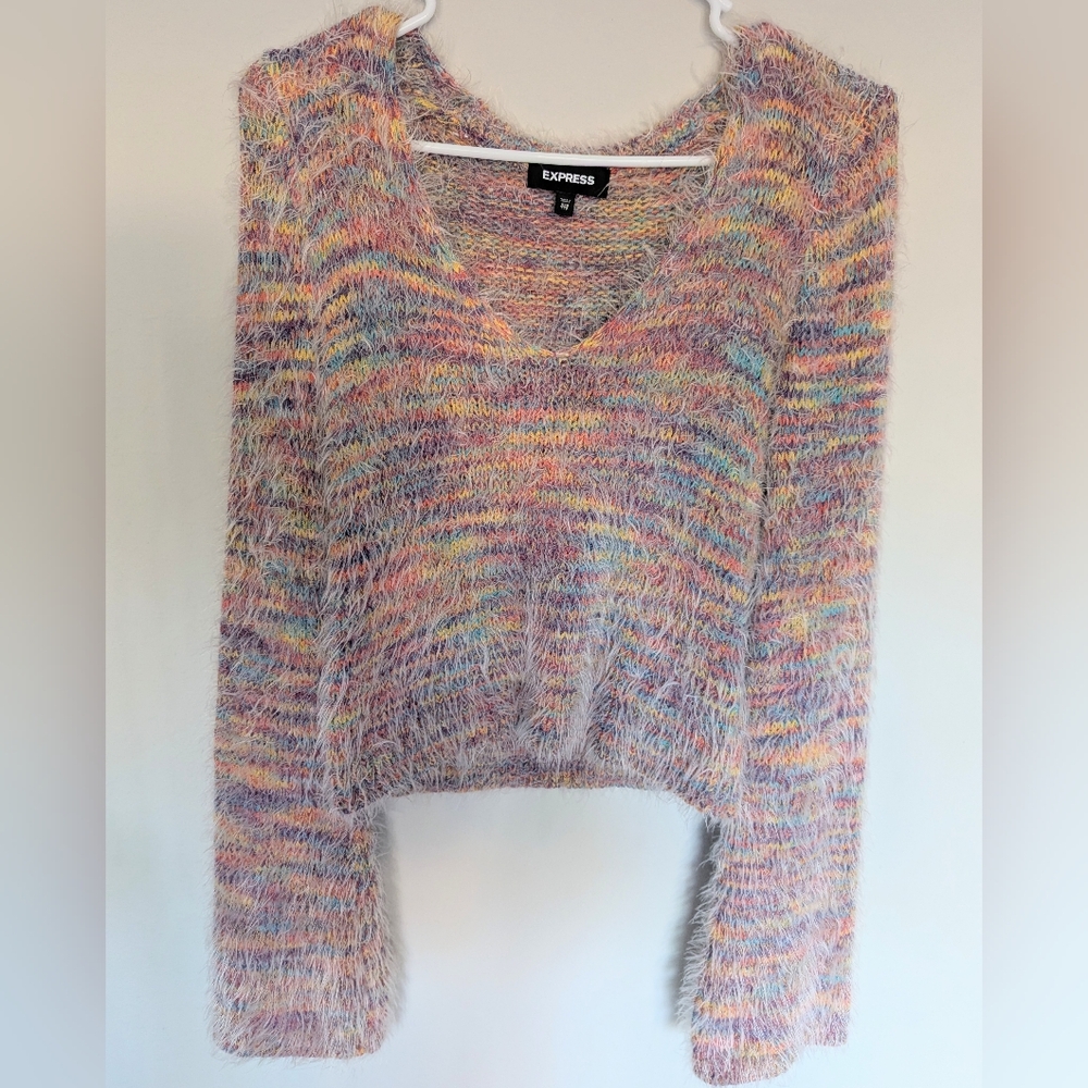Express Rainbow Textured V-neck Flare Sleeve Sweater - Picture 2 of 5